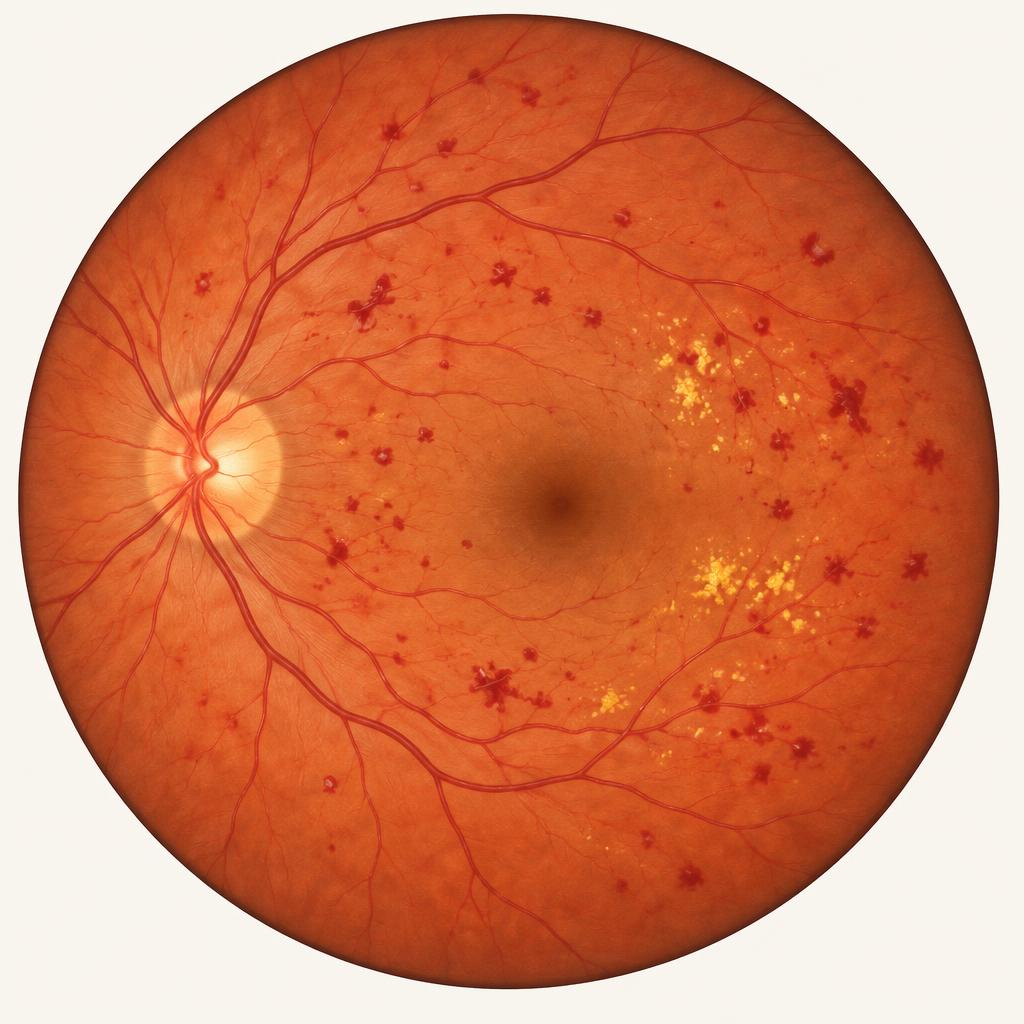 Ilustração de alterações nos vasos da retina, com pequenos sangramentos e depósitos amarelados
